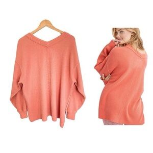 Aerie oversized lightweight V-neck sweater coral pink waffle knit texture Small